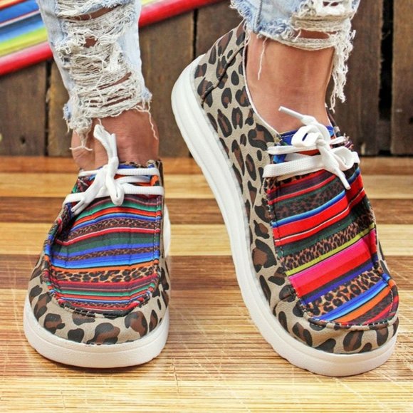 Shoes - Serape & Leopard Lace Up Flat Sneakers - Similar to Hey Dudes - NWT - round toe